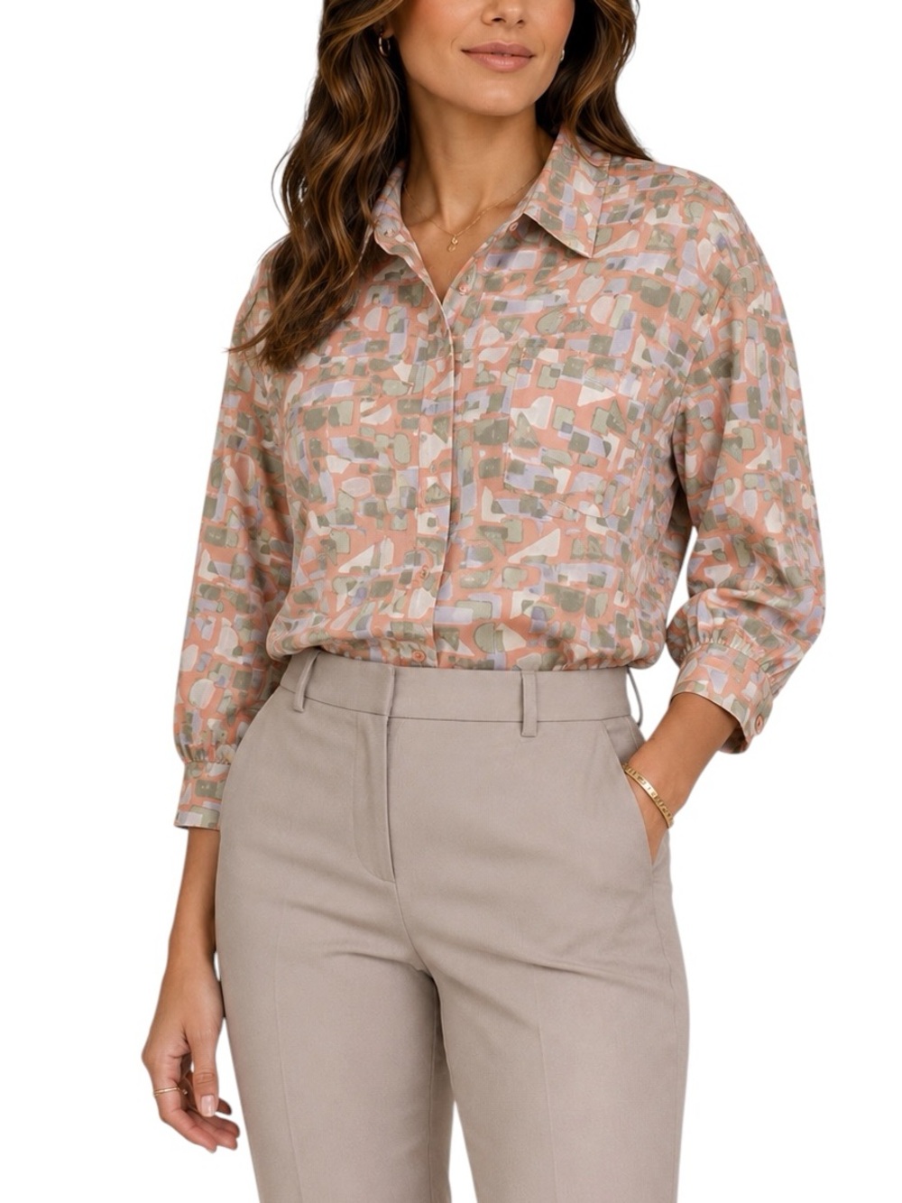 NYDJ Button Up Blouse Size XL Multicolor Abstract 3/4 Sleeve Office Career